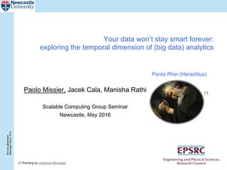 ReComp@Scalable
Newcaslte,May9,2016
Your data won’t stay smart forever:
exploring the temporal dimension of (big data) analytics
Paolo Missier, Jacek Cala, Manisha Rathi
Scalable Computing Group Seminar
Newcastle, May 2016
(*) Painting by Johannes Moreelse
(*)
Panta Rhei (Heraclitus)
 