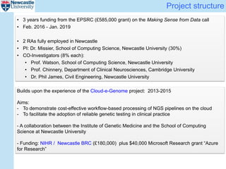 Project structure
• 3 years funding from the EPSRC (£585,000 grant) on the Making Sense from Data call
• Feb. 2016 - Jan. 2019
• 2 RAs fully employed in Newcastle
• PI: Dr. Missier, School of Computing Science, Newcastle University (30%)
• CO-Investigators (8% each):
• Prof. Watson, School of Computing Science, Newcastle University
• Prof. Chinnery, Department of Clinical Neurosciences, Cambridge University
• Dr. Phil James, Civil Engineering, Newcastle University
Builds upon the experience of the Cloud-e-Genome project: 2013-2015
Aims:
- To demonstrate cost-effective workflow-based processing of NGS pipelines on the cloud
- To facilitate the adoption of reliable genetic testing in clinical practice
- A collaboration between the Institute of Genetic Medicine and the School of Computing
Science at Newcastle University
- Funding: NIHR / Newcastle BRC (£180,000) plus $40,000 Microsoft Research grant “Azure
for Research”
 