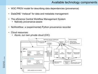 ReCompkickoff
NewcaslteMarch11,2016
Available technology components
• W3C PROV model for describing data dependencies (provenance)
• DataONE “metacat” for data and metadata management
• The eScience Central Workflow Management System
• Natively provenance-aware
• NoWorkflow: a (experimental) Python provenance recorder
• Cloud resources:
• Azure, our own private cloud (CIC)
ReComp decision dashboard
Execute
Curate
Select/
prioritise
prospective
provenance
curation
(Yworkflow)
Meta-Knowledge
Repository
Research
Objects
Change
Impact
Analysis
Cost
Estimation
Differential
Analysis
Reproducibility
Assessment
- Utility functions
- Priorities policies
- Data similarity functions
domain knowledge
runtime
monitor
Logging
Runtime
Provenance recorder
runtime
monitor
Logging
Runtime
Provenance recorder
Python
WP1
- provenance
- logs
- data and process versions
- process dependencies
(other analytics environments)
 