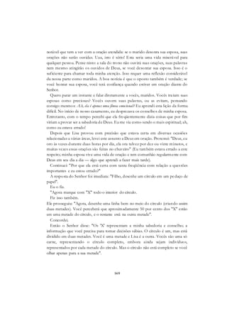 169
notável que tem a ver com a oração atendida: se o marido desonra sua esposa, suas
orações não serão ouvidas. Uau, isto é sério! Esta seria uma vida miserável para
qualquer pessoa. Pense nisto: a sala do trono não ouvirá suas orações, suas palavras
nem mesmo atingirão os ouvidos de Deus, se você desonrar sua esposa. Isso é o
suficiente para chamar toda minha atenção. Isso requer uma reflexão considerável
da nossa parte como maridos. A boa notícia é que o oposto também é verdade; se
você honrar sua esposa, você terá confiança quando estiver em oração diante do
Senhor.
Quero parar um instante e falar diretamente a vocês, maridos. Vocês tratam suas
esposas como preciosas? Vocês ouvem suas palavras, ou as evitam, pensando
consigo mesmos: A.h, ela é apenas uma fêmea emocional? Eu aprendi esta lição da forma
difícil. No início de nosso casamento, eu desprezava os conselhos de minha esposa.
Entretanto, com o tempo percebi que ela freqüentemente dizia coisas que por fim
viriam a provar ser a sabedoria de Deus. Eu me via como sendo o mais espiritual; ah,
como eu estava errado!
Depois que Lisa provou com precisão que estava certa em diversas ocasiões
relacionadas a várias áreas, levei este assunto a Deus em oração. Protestei: "Deus, eu
oro às vezes durante duas horas por dia, ela ora talvez por dez ou vinte minutos, e
muitas vezes essas orações são feitas no chuveiro" (Eu também estava errado a este
respeito; minha esposa vive uma vida de oração e tem comunhão regularmente com
Deus em seu dia a dia — algo que aprendi a fazer mais tarde).
Continuei: "Por que ela está certa com tanta freqüência com relação a questões
importantes e eu estou errado?"
A resposta do Senhor foi imediata: "Filho, desenhe um círculo em um pedaço de
papel".
Eu o fiz.
"Agora marque com "X" todo o interior do círculo.
Fiz isso também.
Ele prosseguiu: "Agora, desenhe uma linha bem no meio do círculo (criando assim
duas metades). Você perceberá que aproximadamente 50 por cento dos "X" estão
em uma metade do círculo, e o restante está na outra metade".
Concordei.
Então o Senhor disse: "Os 'X' representam a minha sabedoria e conselho; a
informação que você precisa para tomar decisões sábias. O círculo é um, mas está
dividido em duas metades. Você é uma metade e Lisa é a outra. Vocês são uma só
carne, representando o círculo completo, embora ainda sejam indivíduos,
representados por cada metade do círculo. Mas o círculo não está completo se você
olhar apenas para a sua metade".
 