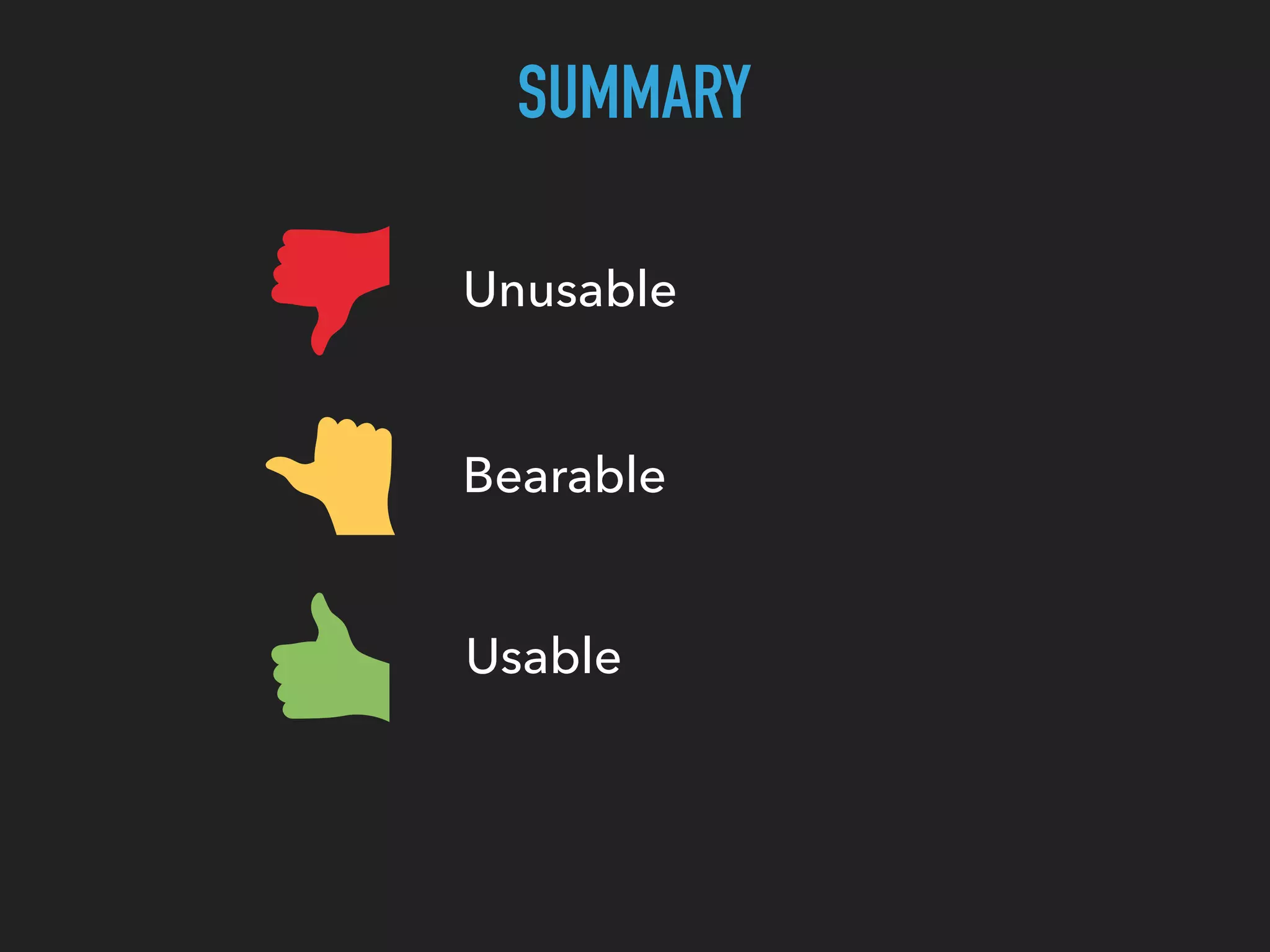 SUMMARY Unusable Bearable Usable 