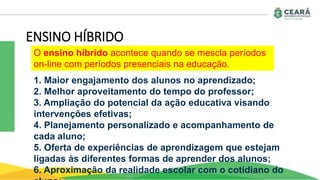 ENSINO HÍBRIDO
1. Maior engajamento dos alunos no aprendizado;
2. Melhor aproveitamento do tempo do professor;
3. Ampliação do potencial da ação educativa visando
intervenções efetivas;
4. Planejamento personalizado e acompanhamento de
cada aluno;
5. Oferta de experiências de aprendizagem que estejam
ligadas às diferentes formas de aprender dos alunos;
6. Aproximação da realidade escolar com o cotidiano do
O ensino híbrido acontece quando se mescla períodos
on-line com períodos presenciais na educação.
 