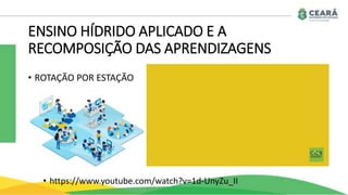 • ROTAÇÃO POR ESTAÇÃO
ENSINO HÍDRIDO APLICADO E A
RECOMPOSIÇÃO DAS APRENDIZAGENS
• https://www.youtube.com/watch?v=1d-UnyZu_II
 