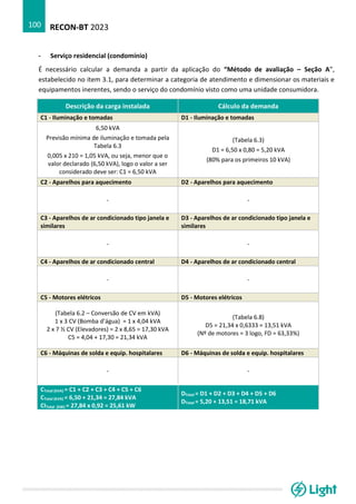 RECON-BT 2023
100
- Serviço residencial (condomínio)
É necessário calcular a demanda a partir da aplicação do “Método de avaliação – Seção A”,
estabelecido no item 3.1, para determinar a categoria de atendimento e dimensionar os materiais e
equipamentos inerentes, sendo o serviço do condomínio visto como uma unidade consumidora.
Descrição da carga instalada Cálculo da demanda
C1 - Iluminação e tomadas D1 - Iluminação e tomadas
6,50 kVA
Previsão mínima de iluminação e tomada pela
Tabela 6.3
0,005 x 210 = 1,05 kVA, ou seja, menor que o
valor declarado (6,50 kVA), logo o valor a ser
considerado deve ser: C1 = 6,50 kVA
(Tabela 6.3)
D1 = 6,50 x 0,80 = 5,20 kVA
(80% para os primeiros 10 kVA)
C2 - Aparelhos para aquecimento D2 - Aparelhos para aquecimento
- -
C3 - Aparelhos de ar condicionado tipo janela e
similares
D3 - Aparelhos de ar condicionado tipo janela e
similares
- -
C4 - Aparelhos de ar condicionado central D4 - Aparelhos de ar condicionado central
- -
C5 - Motores elétricos D5 - Motores elétricos
(Tabela 6.2 – Conversão de CV em kVA)
1 x 3 CV (Bomba d’água) = 1 x 4,04 kVA
2 x 7 ½ CV (Elevadores) = 2 x 8,65 = 17,30 kVA
C5 = 4,04 + 17,30 = 21,34 kVA
(Tabela 6.8)
D5 = 21,34 x 0,6333 = 13,51 kVA
(Nº de motores = 3 logo, FD = 63,33%)
C6 - Máquinas de solda e equip. hospitalares D6 - Máquinas de solda e equip. hospitalares
- -
CTotal (kVA) = C1 + C2 + C3 + C4 + C5 + C6
CTotal (kVA) = 6,50 + 21,34 = 27,84 kVA
CITotal (kW) = 27,84 x 0,92 = 25,61 kW
DTotal = D1 + D2 + D3 + D4 + D5 + D6
DTotal = 5,20 + 13,51 = 18,71 kVA
 