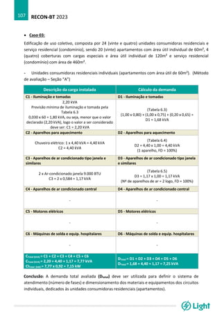 RECON-BT 2023
107
• Caso 03:
Edificação de uso coletivo, composta por 24 (vinte e quatro) unidades consumidoras residenciais e
serviço residencial (condomínio), sendo 20 (vinte) apartamentos com área útil individual de 60m², 4
(quatro) coberturas com cargas especiais e área útil individual de 120m² e serviço residencial
(condomínio) com área de 460m².
- Unidades consumidoras residenciais individuais (apartamentos com área útil de 60m²). (Método
de avaliação – Seção “A”)
Descrição da carga instalada Cálculo da demanda
C1 - Iluminação e tomadas D1 - Iluminação e tomadas
2,20 kVA
Previsão mínima de iluminação e tomada pela
Tabela 6.3
0,030 x 60 = 1,80 kVA, ou seja, menor que o valor
declarado (2,20 kVA), logo o valor a ser considerado
deve ser: C1 = 2,20 kVA
(Tabela 6.3)
(1,00 x 0,80) + (1,00 x 0,75) + (0,20 x 0,65) =
D1 = 1,68 kVA
C2 - Aparelhos para aquecimento D2 - Aparelhos para aquecimento
Chuveiro elétrico: 1 x 4,40 kVA = 4,40 kVA
C2 = 4,40 kVA
(Tabela 6.4)
D2 = 4,40 x 1,00 = 4,40 kVA
(1 aparelho, FD = 100%)
C3 - Aparelhos de ar condicionado tipo janela e
similares
D3 - Aparelhos de ar condicionado tipo janela
e similares
2 x Ar-condicionado janela 9.000 BTU
C3 = 2 x 0,584 = 1,17 kVA
(Tabela 6.5)
D3 = 1,17 x 1,00 = 1,17 kVA
(Nº de aparelhos de ar = 2 logo, FD = 100%)
C4 - Aparelhos de ar condicionado central D4 - Aparelhos de ar condicionado central
- -
C5 - Motores elétricos D5 - Motores elétricos
- -
C6 - Máquinas de solda e equip. hospitalares D6 - Máquinas de solda e equip. hospitalares
- -
CTotal (kVA) = C1 + C2 + C3 + C4 + C5 + C6
CTotal (kVA) = 2,20 + 4,40 + 1,17 = 7,77 kVA
CITotal (kW) = 7,77 x 0,92 = 7,15 kW
DTotal = D1 + D2 + D3 + D4 + D5 + D6
DTotal = 1,68 + 4,40 + 1,17 = 7,25 kVA
Conclusão: A demanda total avaliada (Dtotal) deve ser utilizada para definir o sistema de
atendimento (número de fases) e dimensionamento dos materiais e equipamentos dos circuitos
individuais, dedicados às unidades consumidoras residenciais (apartamentos).
 