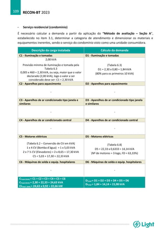 RECON-BT 2023
109
- Serviço residencial (condomínio)
É necessário calcular a demanda a partir da aplicação do “Método de avaliação – Seção A”,
estabelecido no item 3.1, determinar a categoria de atendimento e dimensionar os materiais e
equipamentos inerentes, sendo o serviço do condomínio visto como uma unidade consumidora.
Descrição da carga instalada Cálculo da demanda
C1 - Iluminação e tomadas D1 - Iluminação e tomadas
2,00 kVA
Previsão mínima de iluminação e tomada pela
Tabela 6.3
0,005 x 460 = 2,30 kVA, ou seja, maior que o valor
declarado (2,00 kVA), logo o valor a ser
considerado deve ser: C1 = 2,30 kVA
(Tabela 6.3)
D1 = 2,30 x 0,80 = 1,84 kVA
(80% para os primeiros 10 kVA)
C2 - Aparelhos para aquecimento D2 - Aparelhos para aquecimento
- -
C3 - Aparelhos de ar condicionado tipo janela e
similares
D3 - Aparelhos de ar condicionado tipo janela
e similares
- -
C4 - Aparelhos de ar condicionado central D4 - Aparelhos de ar condicionado central
- -
C5 - Motores elétricos D5 - Motores elétricos
(Tabela 6.2 – Conversão de CV em kVA)
1 x 4 CV (Bomba d’água) = 1 x 5,03 kVA
2 x 7 ½ CV (Elevadores) = 2 x 8,65 = 17,30 kVA
C5 = 5,03 + 17,30 = 22,33 kVA
(Tabela 6.8)
D5 = 22,33 x 0,6333 = 14,14 kVA
(Nº de motores = 3 logo, FD = 63,33%)
C6 - Máquinas de solda e equip. hospitalares D6 - Máquinas de solda e equip. hospitalares
- -
CTotal (kVA) = C1 + C2 + C3 + C4 + C5 + C6
CTotal (kVA) = 2,30 + 22,33 = 24,63 kVA
CITotal (kW) = 24,63 x 0,92 = 22,66 kW
DTotal = D1 + D2 + D3 + D4 + D5 + D6
DTotal = 1,84 + 14,14 = 15,98 kVA
 