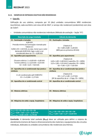 RECON-BT 2023
118
4.2.2. EXEMPLOS DE ENTRADAS COLETIVAS NÃO RESIDENCIAIS
• Caso 01:
Edificação de uso coletivo, composta por 10 (dez) unidades consumidoras NÂO residenciais
(escritórios), cada escritório com área útil de 50m², e serviço não residencial (condomínio) com área
de 510m².
- Unidades consumidoras não residenciais individuais (Método de avaliação – Seção “A”)
Descrição da carga instalada Cálculo da demanda
C1 - Iluminação e tomadas D1 - Iluminação e tomadas
4,00 kVA
Previsão mínima de iluminação e tomada pela
Tabela 6.3
0,050 x 50 = 2,50 kVA, ou seja, menor que o valor
declarado (4,00 kVA), logo o valor a ser
considerado deve ser: C1 = 4,00 kVA
(Tabela 6.3)
D1 = 4,00 x 0,80 = 3,20 kVA
(80% para os primeiros 20 kVA)
C2 - Aparelhos para aquecimento D2 - Aparelhos para aquecimento
Chuveiro elétrico: 1 x 4,40 kVA = 4,40 kVA
Torneira elétrica: 1 x 3,25 kVA = 3,25 kVA
C2 = 4,40 + 3,25 = 7,65 kVA
(Tabela 6.4)
4,40 x 1,00 = 4,40 kVA (1 aparelho, FD = 100%)
3,25 x 1,00 = 3,25 kVA (1 aparelho, FD = 100%)
D2 = 4,40 + 3,25 = 7,65 kVA
C3 - Aparelhos de ar condicionado tipo janela e
similares
D3 - Aparelhos de ar condicionado tipo janela e
similares
2 x Ar-condicionado split 9.000 BTU
C3 = 2 x 0,584 = 1,17 kVA
(Tabela 6.5)
D3 = 1,17 x 1,00 = 1,17 kVA
(Nº de aparelhos de ar = 2 logo, FD = 100%)
C4 - Aparelhos de ar condicionado central D4 - Aparelhos de ar condicionado central
- -
C5 - Motores elétricos D5 - Motores elétricos
- -
C6 - Máquinas de solda e equip. hospitalares D6 - Máquinas de solda e equip. hospitalares
- -
CTotal = C1 + C2 + C3 + C4 + C5 + C6
CTotal = 4,00 + 7,65 + 1,17 = 12,82 kVA
CITotal (kW) = 12,82 x 0,92 = 11,79 kW
DTotal = D1 + D2 + D3 + D4 + D5 + D6
DTotal = 3,20 + 7,65 + 1,17 = 12,02 kVA
Conclusão: A demanda total avaliada (Dtotal) deve ser utilizada para definir o sistema de
atendimento (número de fases) e dimensionamento dos materiais e equipamentos dos circuitos
individuais, dedicados às unidades consumidoras não residenciais (escritórios).
 