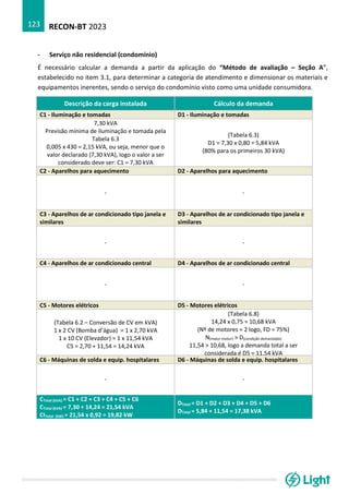 RECON-BT 2023
123
- Serviço não residencial (condomínio)
É necessário calcular a demanda a partir da aplicação do “Método de avaliação – Seção A”,
estabelecido no item 3.1, para determinar a categoria de atendimento e dimensionar os materiais e
equipamentos inerentes, sendo o serviço do condomínio visto como uma unidade consumidora.
Descrição da carga instalada Cálculo da demanda
C1 - Iluminação e tomadas D1 - Iluminação e tomadas
7,30 kVA
Previsão mínima de iluminação e tomada pela
Tabela 6.3
0,005 x 430 = 2,15 kVA, ou seja, menor que o
valor declarado (7,30 kVA), logo o valor a ser
considerado deve ser: C1 = 7,30 kVA
(Tabela 6.3)
D1 = 7,30 x 0,80 = 5,84 kVA
(80% para os primeiros 30 kVA)
C2 - Aparelhos para aquecimento D2 - Aparelhos para aquecimento
- -
C3 - Aparelhos de ar condicionado tipo janela e
similares
D3 - Aparelhos de ar condicionado tipo janela e
similares
- -
C4 - Aparelhos de ar condicionado central D4 - Aparelhos de ar condicionado central
- -
C5 - Motores elétricos D5 - Motores elétricos
(Tabela 6.2 – Conversão de CV em kVA)
1 x 2 CV (Bomba d’água) = 1 x 2,70 kVA
1 x 10 CV (Elevador) = 1 x 11,54 kVA
C5 = 2,70 + 11,54 = 14,24 kVA
(Tabela 6.8)
14,24 x 0,75 = 10,68 kVA
(Nº de motores = 2 logo, FD = 75%)
N(maior motor) > D(condição demandada)
11,54 > 10,68, logo a demanda total a ser
considerada é D5 = 11,54 kVA
C6 - Máquinas de solda e equip. hospitalares D6 - Máquinas de solda e equip. hospitalares
- -
CTotal (kVA) = C1 + C2 + C3 + C4 + C5 + C6
CTotal (kVA) = 7,30 + 14,24 = 21,54 kVA
CITotal (kW) = 21,54 x 0,92 = 19,82 kW
DTotal = D1 + D2 + D3 + D4 + D5 + D6
DTotal = 5,84 + 11,54 = 17,38 kVA
 