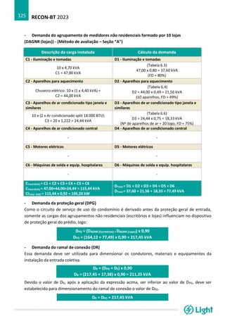 RECON-BT 2023
125
- Demanda do agrupamento de medidores não residenciais formado por 10 lojas
(DAGNR (lojas)) - (Método de avaliação – Seção “A”)
Descrição da carga instalada Cálculo da demanda
C1 - Iluminação e tomadas D1 - Iluminação e tomadas
10 x 4,70 kVA
C1 = 47,00 kVA
(Tabela 6.3)
47,00 x 0,80 = 37,60 kVA
(FD = 80%)
C2 - Aparelhos para aquecimento D2 - Aparelhos para aquecimento
Chuveiro elétrico: 10 x (1 x 4,40 kVA) =
C2 = 44,00 kVA
(Tabela 6.4)
D2 = 44,00 x 0,49 = 21,56 kVA
(10 aparelhos, FD = 49%)
C3 - Aparelhos de ar condicionado tipo janela e
similares
D3 - Aparelhos de ar condicionado tipo janela e
similares
10 x (2 x Ar-condicionado split 18.000 BTU)
C3 = 20 x 1,222 = 24,44 kVA
(Tabela 6.6)
D3 = 24,44 x 0,75 = 18,33 kVA
(Nº de aparelhos de ar = 20 logo, FD = 75%)
C4 - Aparelhos de ar condicionado central D4 - Aparelhos de ar condicionado central
- -
C5 - Motores elétricos D5 - Motores elétricos
- -
C6 - Máquinas de solda e equip. hospitalares D6 - Máquinas de solda e equip. hospitalares
- -
CTotal (kVA) = C1 + C2 + C3 + C4 + C5 + C6
CTotal (kVA) = 47,00+44,00+24,44 = 115,44 kVA
CITotal (kW) = 115,44 x 0,92 = 106,20 kW
DTotal = D1 + D2 + D3 + D4 + D5 + D6
DTotal = 37,60 + 21,56 + 18,33 = 77,49 kVA
- Demanda da proteção geral (DPG)
Como o circuito de serviço de uso do condomínio é derivado antes da proteção geral de entrada,
somente as cargas dos agrupamentos não residenciais (escritórios e lojas) influenciam no dispositivo
de proteção geral do prédio, logo:
DPG = (DAGNR (Escritórios) + DAGNR (Lojas)) x 0,90
DPG = (164,12 + 77,49) x 0,90 = 217,45 kVA
- Demanda do ramal de conexão (DR)
Essa demanda deve ser utilizada para dimensionar os condutores, materiais e equipamentos da
instalação da entrada coletiva.
DR = (DPG + DS) x 0,90
DR = (217,45 + 17,38) x 0,90 = 211,35 kVA
Devido o valor de DR, após a aplicação da expressão acima, ser inferior ao valor de DPG, deve ser
estabelecido para dimensionamento do ramal de conexão o valor de DPG.
DR = DPG = 217,45 kVA
 