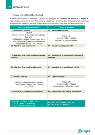RECON-BT 2023
129
- Serviço não residencial (condomínio)
É necessário calcular a demanda a partir da aplicação do “Método de avaliação – Seção A”,
estabelecido no item 3.1, para determinar a categoria de atendimento e dimensionar os materiais e
equipamentos inerentes, sendo o serviço do condomínio visto como uma unidade consumidora.
Descrição da carga instalada Cálculo da demanda
C1 - Iluminação e tomadas D1 - Iluminação e tomadas
7,30 kVA
Previsão mínima de iluminação e tomada pela
Tabela 6.3
0,005 x 430 = 2,15 kVA, ou seja, menor que o
valor declarado (7,30 kVA), logo o valor a ser
considerado deve ser: C1 = 7,30 kVA
(Tabela 6.3)
D1 = 7,30 x 0,80 = 5,84 kVA
(80% para os primeiros 30 kVA)
C2 - Aparelhos para aquecimento D2 - Aparelhos para aquecimento
- -
C3 - Aparelhos de ar condicionado tipo janela e
similares
D3 - Aparelhos de ar condicionado tipo janela e
similares
- -
C4 - Aparelhos de ar condicionado central D4 - Aparelhos de ar condicionado central
- -
C5 - Motores elétricos D5 - Motores elétricos
(Tabela 6.2 – Conversão de CV em kVA)
1 x 2 CV (Bomba d’água) = 1 x 2,70 kVA
C5 = 2,70 kVA
(Tabela 6.8)
D5 = 2,70 x 1,00 = 2,70 kVA
(Nº de motores = 1 logo, FD = 100%)
C6 - Máquinas de solda e equip. hospitalares D6 - Máquinas de solda e equip. hospitalares
- -
CTotal (kVA) = C1 + C2 + C3 + C4 + C5 + C6
CTotal (kVA) = 7,30 + 2,70 = 10,00 kVA
CITotal (kW) = 10,00 x 0,92 = 9,20 kW
DTotal = D1 + D2 + D3 + D4 + D5 + D6
DTotal = 5,84 + 2,70 = 8,54 kVA
 