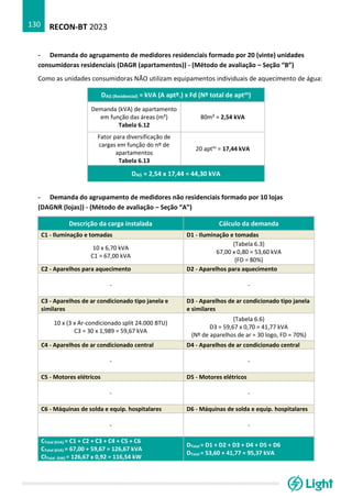 RECON-BT 2023
130
- Demanda do agrupamento de medidores residenciais formado por 20 (vinte) unidades
consumidoras residenciais (DAGR (apartamentos)) - (Método de avaliação – Seção “B”)
Como as unidades consumidoras NÃO utilizam equipamentos individuais de aquecimento de água:
DAG (Residencial) = kVA (A aptº.) x Fd (Nº total de aptos)
Demanda (kVA) de apartamento
em função das áreas (m²)
Tabela 6.12
80m² = 2,54 kVA
Fator para diversificação de
cargas em função do nº de
apartamentos
Tabela 6.13
20 aptos
= 17,44 kVA
DAG = 2,54 x 17,44 = 44,30 kVA
- Demanda do agrupamento de medidores não residenciais formado por 10 lojas
(DAGNR (lojas)) - (Método de avaliação – Seção “A”)
Descrição da carga instalada Cálculo da demanda
C1 - Iluminação e tomadas D1 - Iluminação e tomadas
10 x 6,70 kVA
C1 = 67,00 kVA
(Tabela 6.3)
67,00 x 0,80 = 53,60 kVA
(FD = 80%)
C2 - Aparelhos para aquecimento D2 - Aparelhos para aquecimento
- -
C3 - Aparelhos de ar condicionado tipo janela e
similares
D3 - Aparelhos de ar condicionado tipo janela
e similares
10 x (3 x Ar-condicionado split 24.000 BTU)
C3 = 30 x 1,989 = 59,67 kVA
(Tabela 6.6)
D3 = 59,67 x 0,70 = 41,77 kVA
(Nº de aparelhos de ar = 30 logo, FD = 70%)
C4 - Aparelhos de ar condicionado central D4 - Aparelhos de ar condicionado central
- -
C5 - Motores elétricos D5 - Motores elétricos
- -
C6 - Máquinas de solda e equip. hospitalares D6 - Máquinas de solda e equip. hospitalares
- -
CTotal (kVA) = C1 + C2 + C3 + C4 + C5 + C6
CTotal (kVA) = 67,00 + 59,67 = 126,67 kVA
CITotal (kW) = 126,67 x 0,92 = 116,54 kW
DTotal = D1 + D2 + D3 + D4 + D5 + D6
DTotal = 53,60 + 41,77 = 95,37 kVA
 