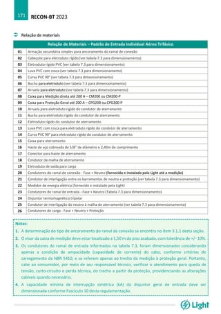 RECON-BT 2023
171
 Relação de materiais
Relação de Materiais – Padrão de Entrada Individual Aéreo Trifásico
01 Armação secundária simples para ancoramento do ramal de conexão
02 Cabeçote para eletroduto rígido (ver tabela 7.3 para dimensionamento)
03 Eletroduto rígido PVC (ver tabela 7.3 para dimensionamento)
04 Luva PVC com rosca (ver tabela 7.3 para dimensionamento)
05 Curva PVC 90° (ver tabela 7.3 para dimensionamento)
06 Bucha para eletroduto (ver tabela 7.3 para dimensionamento)
07 Arruela para eletroduto (ver tabela 7.3 para dimensionamento)
08 Caixa para Medição direta até 200 A – CM200 ou CM200-P
09 Caixa para Proteção Geral até 200 A – CPG200 ou CPG200-P
10 Arruela para eletroduto rígido do condutor de aterramento
11 Bucha para eletroduto rígido do condutor de aterramento
12 Eletroduto rígido do condutor de aterramento
13 Luva PVC com rosca para eletroduto rígido do condutor de aterramento
14 Curva PVC 90° para eletroduto rígido do condutor de aterramento
15 Caixa para aterramento
16 Haste de aço cobreada de 5/8” de diâmetro e 2,40m de comprimento
17 Conector para haste de aterramento
18 Condutor da malha de aterramento
19 Eletroduto de saída para carga
20 Condutores do ramal de conexão - Fase + Neutro (fornecido e instalado pela Light até a medição)
21 Condutor de interligação entre os barramentos de neutro e proteção (ver tabela 7.3 para dimensionamento)
22 Medidor de energia elétrica (fornecido e instalado pela Light)
23 Condutores do ramal de entrada - Fase + Neutro (Tabela 7.3 para dimensionamento)
24 Disjuntor termomagnético tripolar
25 Condutor de interligação do neutro à malha de aterramento (ver tabela 7.3 para dimensionamento)
26 Condutores de carga - Fase + Neutro + Proteção
Notas:
1. A determinação do tipo de ancoramento do ramal de conexão se encontra no item 3.1.1 desta seção.
2. O visor da caixa de medição deve estar localizado a 1,50 m do piso acabado, com tolerância de +/- 10%.
3. Os condutores do ramal de entrada informados na tabela 7.3, foram dimensionados considerando
apenas a condição de ampacidade (capacidade de corrente) do cabo, conforme critérios de
carregamento da NBR 5410, e se referem apenas ao trecho da medição à proteção geral. Portanto,
cabe ao consumidor, por meio de seu responsável técnico, verificar o atendimento para queda de
tensão, curto-circuito e perda técnica, do trecho a partir da proteção, providenciando as alterações
cabíveis quando necessário.
4. A capacidade mínima de interrupção simétrica (kA) do disjuntor geral de entrada deve ser
dimensionada conforme Fascículo 10 desta regulamentação.
 