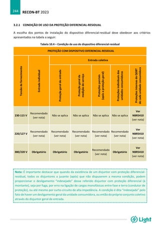 RECON-BT 2023
244
3.2.1 CONDIÇÃO DE USO DA PROTEÇÃO DIFERENCIAL-RESIDUAL
A escolha dos pontos de instalação do dispositivo diferencial-residual deve obedecer aos critérios
apresentados na tabela a seguir:
Tabela 10.4 – Condição de uso do dispositivo diferencial-residual
PROTEÇÃO COM DISPOSITIVO DIFERENCIAL-RESIDUAL
Tensão
de
fornecimento
Entrada
individual
Entrada coletiva
Proteção
geral
de
entrada
Proteção
geral
da
medição
de
serviço
Proteções
parciais
(após
a
proteção
geral)
Proteções
individuais
das
unidades
consumidoras
Proteções
internas
do
QGBT
de
cada
unidade
consumidora
230-115 V
Recomendado
(ver nota)
Não se aplica Não se aplica Não se aplica Não se aplica
Ver
NBR5410
(ver nota)
220/127 V
Recomendado
(ver nota)
Recomendado
(ver nota)
Recomendado
(ver nota)
Recomendado
(ver nota)
Recomendado
(ver nota)
Ver
NBR5410
(ver nota)
380/220 V Obrigatório Obrigatório Obrigatório
Recomendado
(ver nota)
Obrigatório
Ver
NBR5410
(ver nota)
Nota: É importante destacar que quando da existência de um disjuntor com proteção diferencial-
residual, todos os disjuntores a jusante (após) que não dispuserem a mesma condição, podem
proporcionar o desligamento “indesejado” desse referido disjuntor com proteção diferencial (à
montante), seja por fuga, por erro na ligação de cargas monofásicas entre fase e terra (condutor de
proteção), ou até mesmo por curto-circuito de alta impedância. A condição é dita “indesejada” pelo
fato de haver um desligamento geral da unidade consumidora, ou então do próprio conjunto coletivo
através do disjuntor geral de entrada.
 