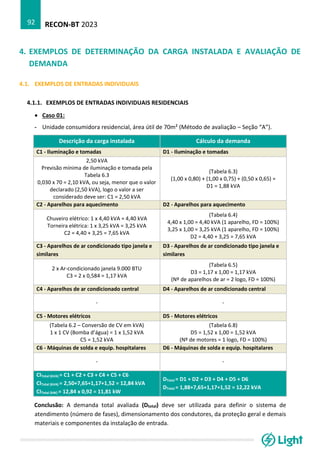 RECON-BT 2023
92
4. EXEMPLOS DE DETERMINAÇÃO DA CARGA INSTALADA E AVALIAÇÃO DE
DEMANDA
4.1. EXEMPLOS DE ENTRADAS INDIVIDUAIS
4.1.1. EXEMPLOS DE ENTRADAS INDIVIDUAIS RESIDENCIAIS
• Caso 01:
- Unidade consumidora residencial, área útil de 70m² (Método de avaliação – Seção “A”).
Descrição da carga instalada Cálculo da demanda
C1 - Iluminação e tomadas D1 - Iluminação e tomadas
2,50 kVA
Previsão mínima de iluminação e tomada pela
Tabela 6.3
0,030 x 70 = 2,10 kVA, ou seja, menor que o valor
declarado (2,50 kVA), logo o valor a ser
considerado deve ser: C1 = 2,50 kVA
(Tabela 6.3)
(1,00 x 0,80) + (1,00 x 0,75) + (0,50 x 0,65) =
D1 = 1,88 kVA
C2 - Aparelhos para aquecimento D2 - Aparelhos para aquecimento
Chuveiro elétrico: 1 x 4,40 kVA = 4,40 kVA
Torneira elétrica: 1 x 3,25 kVA = 3,25 kVA
C2 = 4,40 + 3,25 = 7,65 kVA
(Tabela 6.4)
4,40 x 1,00 = 4,40 kVA (1 aparelho, FD = 100%)
3,25 x 1,00 = 3,25 kVA (1 aparelho, FD = 100%)
D2 = 4,40 + 3,25 = 7,65 kVA
C3 - Aparelhos de ar condicionado tipo janela e
similares
D3 - Aparelhos de ar condicionado tipo janela e
similares
2 x Ar-condicionado janela 9.000 BTU
C3 = 2 x 0,584 = 1,17 kVA
(Tabela 6.5)
D3 = 1,17 x 1,00 = 1,17 kVA
(Nº de aparelhos de ar = 2 logo, FD = 100%)
C4 - Aparelhos de ar condicionado central D4 - Aparelhos de ar condicionado central
- -
C5 - Motores elétricos D5 - Motores elétricos
(Tabela 6.2 – Conversão de CV em kVA)
1 x 1 CV (Bomba d’água) = 1 x 1,52 kVA
C5 = 1,52 kVA
(Tabela 6.8)
D5 = 1,52 x 1,00 = 1,52 kVA
(Nº de motores = 1 logo, FD = 100%)
C6 - Máquinas de solda e equip. hospitalares D6 - Máquinas de solda e equip. hospitalares
- -
CITotal (kVA) = C1 + C2 + C3 + C4 + C5 + C6
CITotal (kVA) = 2,50+7,65+1,17+1,52 = 12,84 kVA
CITotal (kW) = 12,84 x 0,92 = 11,81 kW
DTotal = D1 + D2 + D3 + D4 + D5 + D6
DTotal = 1,88+7,65+1,17+1,52 = 12,22 kVA
Conclusão: A demanda total avaliada (Dtotal) deve ser utilizada para definir o sistema de
atendimento (número de fases), dimensionamento dos condutores, da proteção geral e demais
materiais e componentes da instalação de entrada.
 