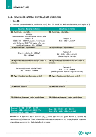 RECON-BT 2023
94
4.1.2. EXEMPLOS DE ENTRADAS INDIVIDUAIS NÃO RESIDENCIAIS
• Caso 01:
- Unidade consumidora não residencial (Loja), área útil de 180m² (Método de avaliação – Seção “A”).
Descrição da carga instalada Cálculo da demanda
C1 - Iluminação e tomadas D1 - Iluminação e tomadas
8,20 kVA
Previsão mínima de iluminação e tomada pela
Tabela 6.3
0,020 x 180 = 3,60 kVA, ou seja, menor que o
valor declarado (8,20 kVA), logo o valor a ser
considerado deve ser: C1 = 8,20 kVA
(Tabela 6.3)
8,20 x 0,80 = 6,56 kVA
C2 - Aparelhos para aquecimento D2 - Aparelhos para aquecimento
Chuveiro elétrico: 1 x 4,40 kVA
C2 = 4,40 kVA
(Tabela 6.4)
D2 = 4,40 x 1,00 = 4,40 kVA
(1 aparelho, FD = 100%)
C3 - Aparelhos de ar condicionado tipo janela e
similares
D3 - Aparelhos de ar condicionado tipo janela e
similares
2 x Ar-condicionado split 24000 BTU
C3 = 2 x 1,989 = 3,98 kVA
(Tabela 6.6)
3,98 x 1,00 = 3,98 kVA
(Nº de aparelhos de ar = 1 logo, FD = 100%)
C4 - Aparelhos de ar condicionado central D4 - Aparelhos de ar condicionado central
- -
C5 - Motores elétricos D5 - Motores elétricos
- -
C6 - Máquinas de solda e equip. hospitalares D6 - Máquinas de solda e equip. hospitalares
- -
CTotal (kVA) = C1 + C2 + C3 + C4 + C5 + C6
CTotal (kVA) = 8,20 + 4,40 + 3,98 = 16,58 kVA
CITotal (kW) = 16,58 x 0,92 = 15,25 kW
DTotal = D1 + D2 + D3 + D4 + D5 + D6
DTotal = 6,56 + 4,40 + 3,98 = 14,94 KVA
Conclusão: A demanda total avaliada (Dtotal) deve ser utilizada para definir o sistema de
atendimento (número de fases), dimensionamento dos condutores, da proteção geral e demais
materiais e componentes da instalação de entrada.
 