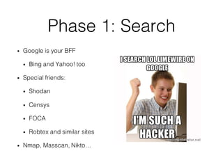 Phase 1: Search
• Google is your BFF
• Bing and Yahoo! too
• Special friends:
• Shodan
• Censys
• FOCA
• Robtex and simila...