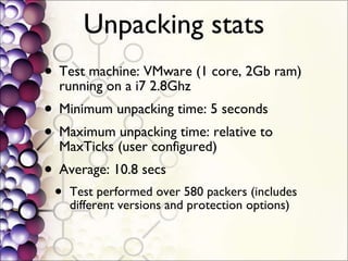 Unpacking stats Test machine: VMware (1 core, 2Gb ram) running on a i7 2.8Ghz Minimum unpacking time: 5 seconds Maximum unpacking time: relative to MaxTicks (user configured) Average: 10.8 secs Test performed over 580 packers (includes different versions and protection options) 