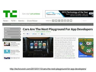 http://techcrunch.com/2013/01/13/cars-the-next-playground-for-app-developers/

 