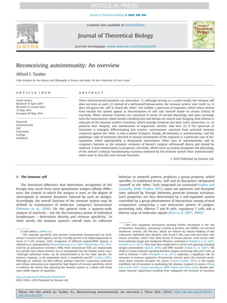 Reconceiving autoimmunity: An overview
Alfred I. Tauber
Cohn Institute for the History and Philosophy of Science and Ideas, Tel Aviv University, Tel Aviv, Israel
a r t i c l e i n f o
Article history:
Received 14 April 2014
Received in revised form
13 May 2014
Accepted 20 May 2014
Keywords:
Autoimmunity
Self
Concinnity
Ecology
Symbiosis
a b s t r a c t
Three interconnected positions are advocated: (1) although serving as a useful model, the immune self
does not exist as such; (2) instead of a self/nonself demarcation, the immune system ‘sees’ itself, i.e., it
does not ignore the ‘self’ or attack the ‘other;’ but exhibits a spectrum of responses, which when viewed
from outside the system appear as discrimination of ‘self’ and ‘nonself’ based on certain criteria of
reactivity. When immune reactions are conceived in terms of normal physiology and open exchange
with the environment, where borders dividing host and foreign are elusive and changing, host defense is
only part of the immune system’s functions, which actually comprise two basic tasks: protection, i.e., to
preserve host integrity, and maintenance of organismic identity. And thus (3) if the spectrum of
immunity is enlarged, differentiating low reactive ‘autoimmune’ reactions from activated immune
responses against the ‘other’ is only a matter of degree. Simply, all immunity is ‘autoimmunity,’ and the
pathologic state of immunity directed at normal constituents of the organism is a particular case of dis-
regulation, which appropriately is designated, autoimmune. Other uses of ‘autoimmunity’ and its
congeners function as the semantic remnants of Burnet’s original self/nonself theory and should be
replaced. A new nomenclature is proposed, concinnity, which more accurately designates the physiology
of the animal’s ordinary housekeeping economy mediated by the immune system than ‘autoimmunity’
when used to describe such normal functions.
& 2014 Published by Elsevier Ltd.
1. The immune self
The functional difference that determines recognition of the
foreign may result from some quantitative antigen afﬁnity differ-
ence, the context in which the antigen is seen, or the degree of
interruption in network dynamics induced by such an antigen.
Accordingly, the overall function of the immune system may be
deﬁned as maintenance of molecular (antigenic) homeostasis
(Poletaev et al., 2008). On this general view, a systems-wide
analysis of reactivity – not the discriminatory power of individual
lymphocytes – determines identity and immune speciﬁcity.1
In
other words, the immune system’s overall state, its collective
behavior or network pattern, produces a group property, which
speciﬁes, in traditional terms, ‘self’ and its disruption—designated
‘nonself’ or the ‘other.’ Such integrated (or connected Pradeu and
Carosella, 2006; Pradeu, 2012) states are quiescent and disrupted
ones, induced by ‘foreign’ elements, generate immune activation.
Such properties are thus determined by a self-regulated system
controlled by a group phenomenon of interactions among several
components comprising a vast interactive system of antigen-
presenting cells, effector T and B cells, regulatory T cells and a
diverse soup of molecular signals (Kim et al. 2007, 2009).2
Contents lists available at ScienceDirect
journal homepage: www.elsevier.com/locate/yjtbi
Journal of Theoretical Biology
http://dx.doi.org/10.1016/j.jtbi.2014.05.029
0022-5193/& 2014 Published by Elsevier Ltd.
E-mail address: ait@bu.edu
1
The exquisite speciﬁcity that seemed conclusively demonstrated by Land-
steiner’s research with haptens, but has recently proven to be highly degenerate in
terms of T-cell receptor (TCR) recognition of different peptide/MHC ligands, is
referred to as ‘polyspeciﬁcity’ (Wucherpfennig et al., 2007; Wooldridge et al., 2011;
cited by an anonymous reviewer). Why these monoclonal TCRs are dramatically
less speciﬁc than whole immune sera is unexplained, but the ﬁnding seems clear:
“Although individual clones can be demonstrated to be less than speciﬁc, the
immune response, at the population level, is manifestly speciﬁc” (Cohen, 2001).
Although no ‘solution’ has been offered, perhaps collective, cooperative molecular
and cellular interactions are required for high degrees of immune speciﬁcity, which
re-enforces the notion that capturing the immune system as a whole will reveal
more subtle aspects of regulation.
2
One such regulatory mechanism awaiting further elucidation is the role
of exosomes. Exosomes, containing a variety of proteins and mRNAs, are secreted
membrane vesicles (30–100 nm), which are formed by inward budding of late
endosomes. Epithelial cells, dendritic cells, B and T cells, mast cells and tumor cells
release exosomes, which have been found in human plasma, urine breast milk,
broncoalveolar lavage and malignant effusions (reviewed in Wahlgren et al., 2012;
Wendler et al., 2013). They have been implicated in cell-to-cell signaling including
antigen presentation (Sprent, 2005) and RNA transfer (Valadi et al., 2007). The
ability to impact immune signaling between antigen presenting cells and T cells, as
well as between T cells (Wahlgren et al., 2012) implicates a signiﬁcant role for
exosomes in immune regulation. Of particular interest, given the renewed excite-
ment about immune therapies for cancer (Couzin-Frankel, 2013), is the largely
undeﬁned role of exosomes in modulating the immune response to tumors (Zhang
and Grizzle, 2011; Clayton and Mason, 2009; Bobrie and Théry, 2013). Besides anti-
tumor immune suppression resulting from malignant cell secretion of exosomes
Please cite this article as: Tauber, A.I., Reconceiving autoimmunity: An overview. J. Theor. Biol. (2014), http://dx.doi.org/10.1016/j.
jtbi.2014.05.029i
Journal of Theoretical Biology ∎ (∎∎∎∎) ∎∎∎–∎∎∎
 