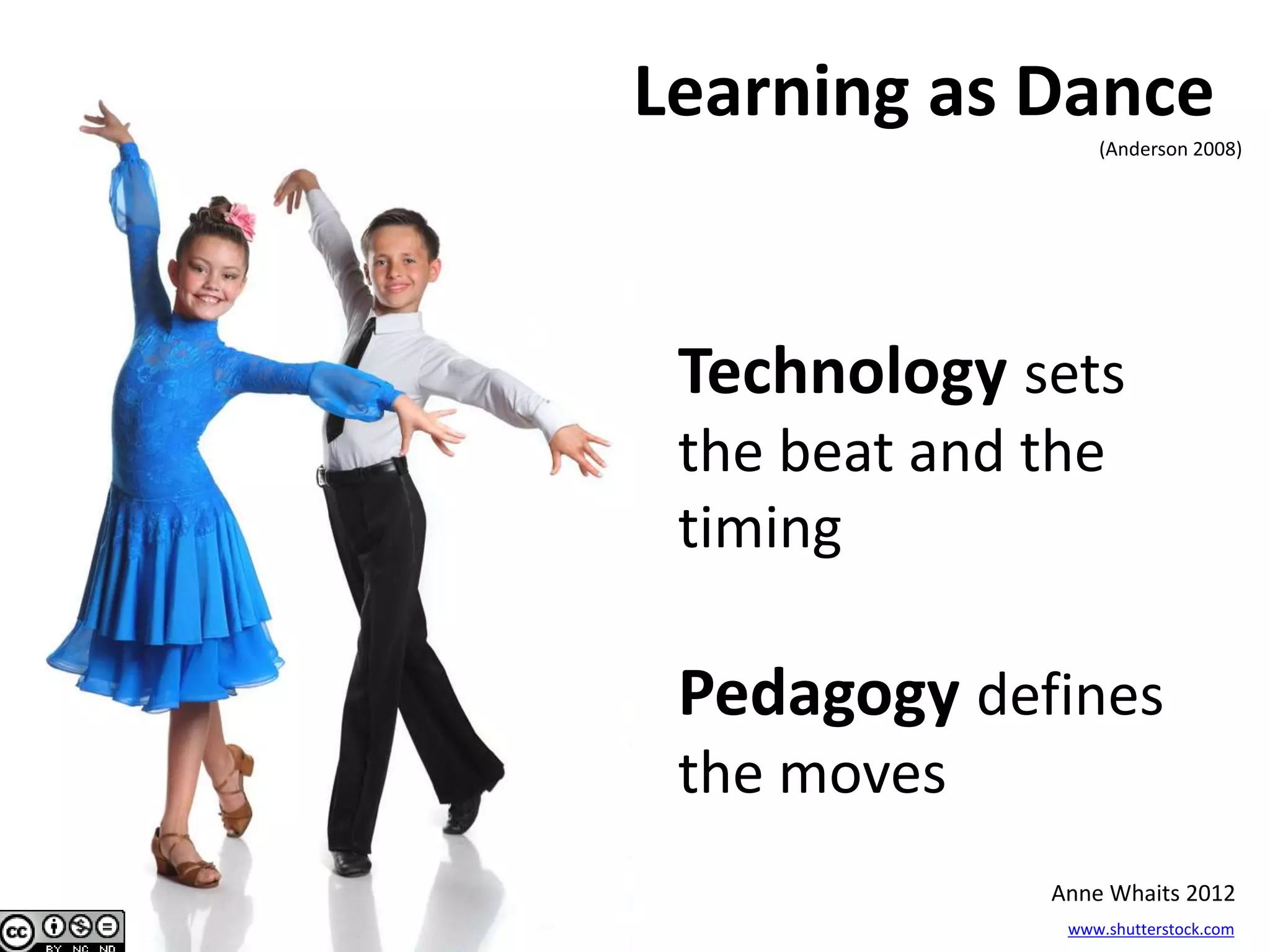 www.shutterstock.com
Anne Whaits 2012
Learning as Dance
(Anderson 2008)
Technology sets
the beat and the
timing
Pedagogy defines
the moves
 