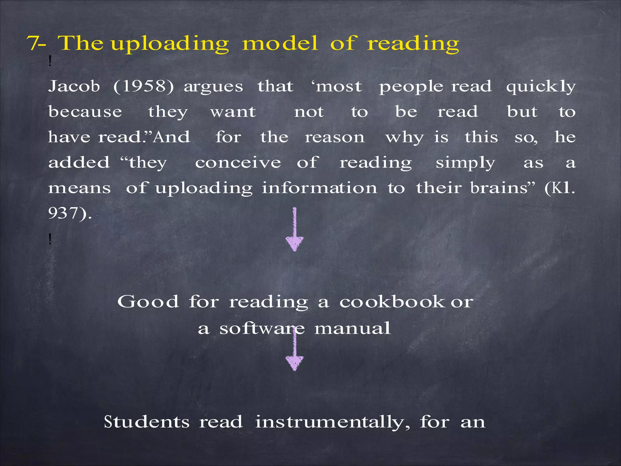 7- The uploading model of reading
!
Jacob (1958) argues that ‘most people read quickly
because they want not to be read but to
have read.”And for the reason why is this so, he
added “they conceive of reading simply as a
means of uploading information to their brains” (Kl.
937).
!
Good for reading a cookbook or
a software manual
Students read instrumentally, for an
 
