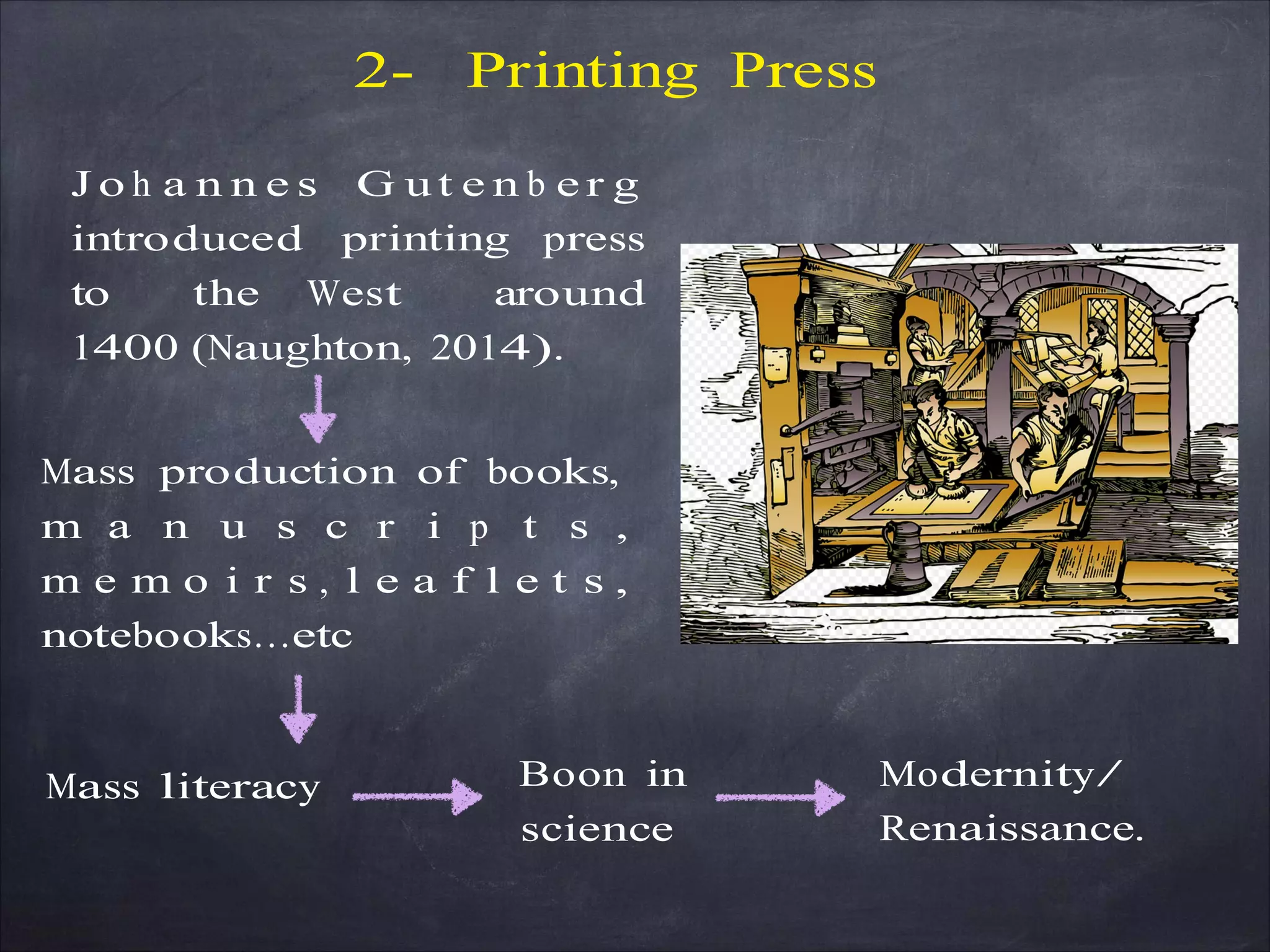 2- Printing Press
J o h a n n e s G u t e n b e r g
introduced printing press
to the West around
1400 (Naughton, 2014).
Mass production of books,
m a n u s c r i p t s ,
m e m o i r s , l e a f l e t s ,
notebooks…etc
Mass literacy Boon in
science
Modernity/
Renaissance.
 