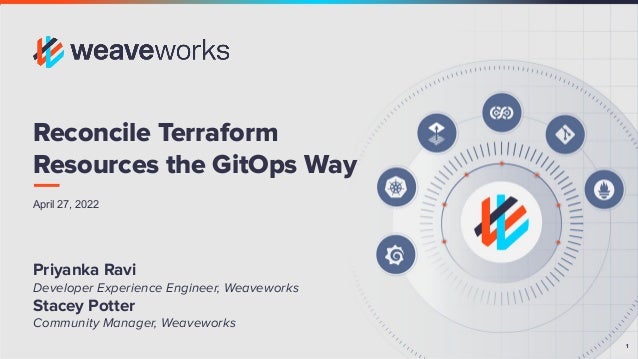 1
April 27, 2022
Reconcile Terraform
Resources the GitOps Way
Priyanka Ravi
Developer Experience Engineer, Weaveworks
Stacey Potter
Community Manager, Weaveworks
 