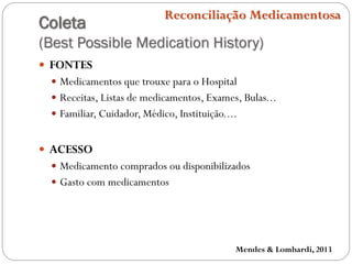 Coleta
(Best Possible Medication History)
Reconciliação Medicamentosa
 FONTES
 Medicamentos que trouxe para o Hospital
 Receitas, Listas de medicamentos, Exames, Bulas...
 Familiar, Cuidador, Médico, Instituição....
 ACESSO
 Medicamento comprados ou disponibilizados
 Gasto com medicamentos
Mendes & Lombardi, 2013
 