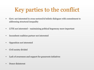 Key parties to the conflict Govt. not interested in cross-sectoral & holistic dialogues with commitment to addressing structural inequality LTTE not interested – maintaining political hegemony more important Incumbent coalition partner not interested Opposition not interested Civil society divided Lack of awareness and support for grassroots initiatives Donor disinterest 
