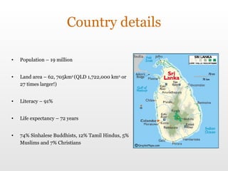 Country details Population – 19 million Land area – 62, 705km 2  (QLD 1,722,000 km 2,  or 27 times larger!) Literacy – 91% Life expectancy – 72 years 74% Sinhalese Buddhists, 12% Tamil Hindus, 5% Muslims and 7% Christians 