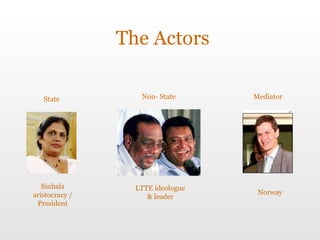 The Actors State Non- State Mediator Sinhala aristocracy / President LTTE ideologue & leader Norway 