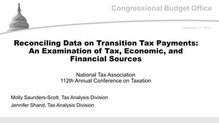 Congressional Budget Office
National Tax Association
112th Annual Conference on Taxation
November 21, 2019
Molly Saunders-Scott, Tax Analysis Division
Jennifer Shand, Tax Analysis Division
Reconciling Data on Transition Tax Payments:
An Examination of Tax, Economic, and
Financial Sources
 
