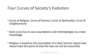 Four Curves of Society’s Evolution
• Curve of Religion, Curve of Science, Curve of Spirituality, Curve of
Enlightenment
• Each curve has its own assumptions and methodologies to create
knowledge
• Religion is based on the assumption of a God, Science rejects God.
Hence from this point of view the two can not be reconciled.
(C) SS_IBA_Bangalore_Oct. 2019
 