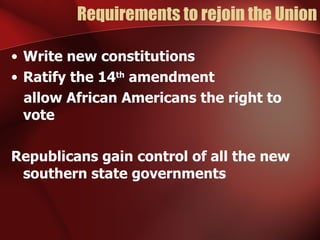 Requirements to rejoin the Union Write new constitutions Ratify the 14 th  amendment allow African Americans the right to vote Republicans gain control of all the new southern state governments 