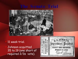 The Senate Trial 11 week trial. Johnson acquitted  35 to 19 (one short of required 2/3s  vote). 