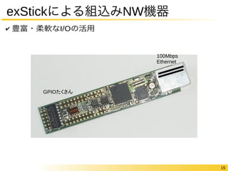 15 
exStickによる組込みNW機器 
✔ 豊富・柔軟なI/Oの活用 
GPIOたくさん 
100Mbps 
Ethernet 
 