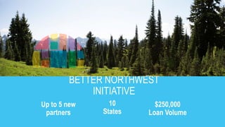 Up to 5 new
partners
10
States
BETTER NORTHWEST
INITIATIVE
$250,000
Loan Volume
How do we build a better community in
the BA through this initiative
 