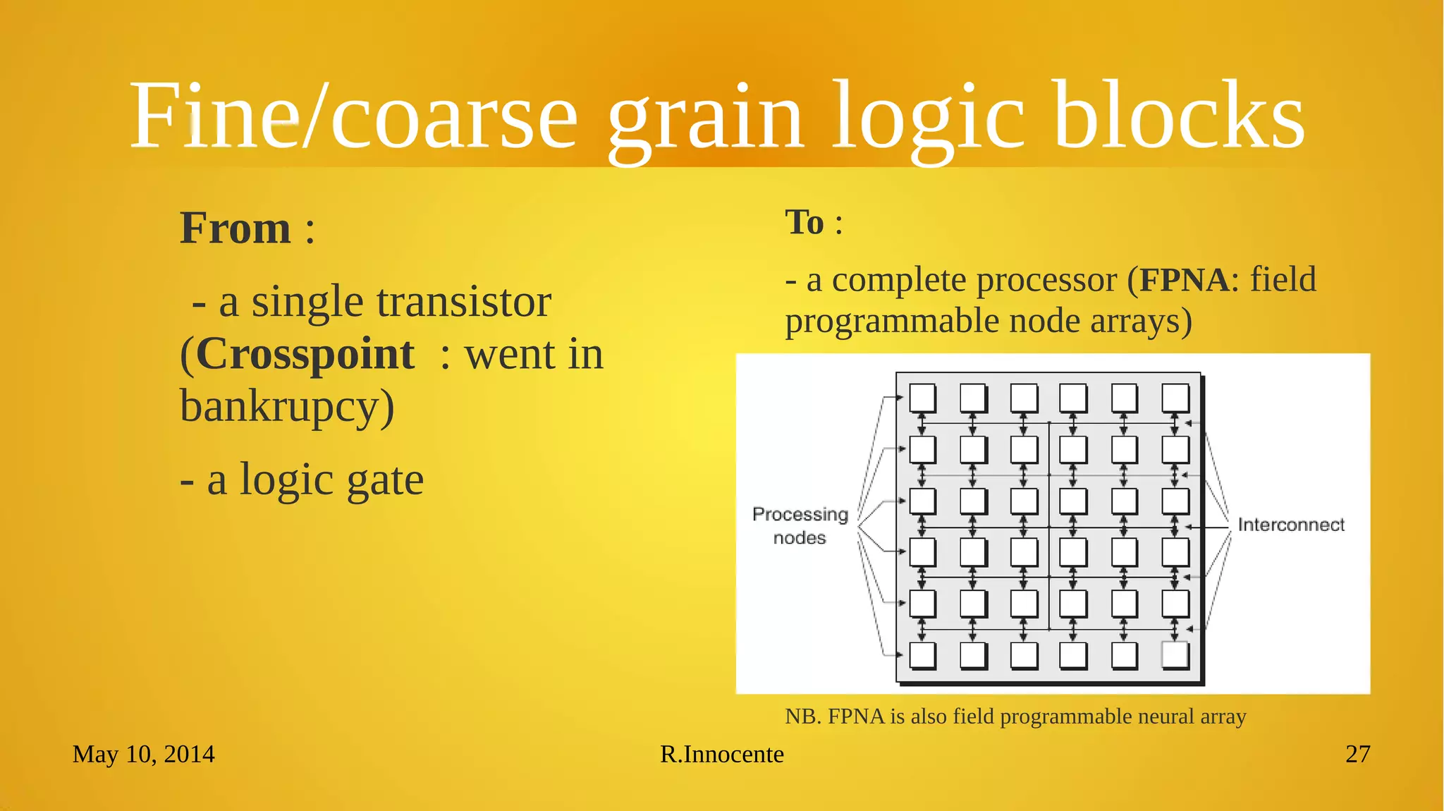 May 10, 2014 R.Innocente 27
Fine/coarse grain logic blocks
From :
- a single transistor
(Crosspoint : went in
bankrupcy)
- a logic gate
To :
- a complete processor (FPNA: field
programmable node arrays)
NB. FPNA is also field programmable neural array
 