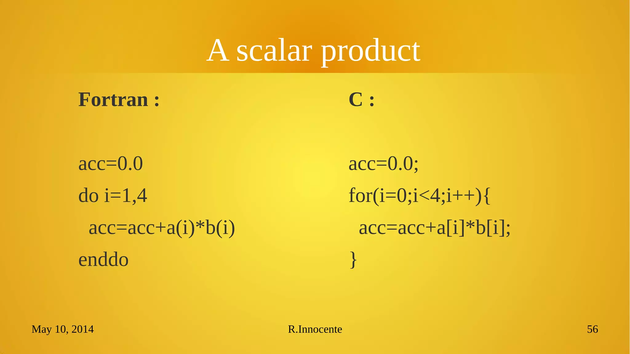 May 10, 2014 R.Innocente 56
A scalar product
Fortran :
acc=0.0
do i=1,4
acc=acc+a(i)*b(i)
enddo
C :
acc=0.0;
for(i=0;i<4;i++){
acc=acc+a[i]*b[i];
}
 