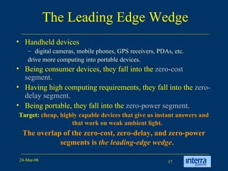The Leading Edge Wedge Handheld devices  digital cameras, mobile phones, GPS receivers, PDAs, etc. drive more computing into portable devices.  Being consumer devices, they fall into the  zero-cost segment .  Having high computing requirements, they fall into the  zero-delay segment .  Being portable, they fall into the  zero-power segment .  Target:  cheap, highly capable devices that give us instant answers and that work on weak ambient light.   The overlap of the zero-cost, zero-delay, and zero-power segments is  the leading-edge wedge .   