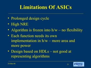 Limitations Of ASICs Prolonged design cycle High NRE Algorithm is frozen into h/w – no flexibility Each function needs its own implementation in h/w – more area and more power  Design based on HDLs – not good at representing algorithms 