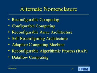Alternate Nomenclature Reconfigurable Computing Configurable Computing Reconfigurable Array Architecture Self Reconfiguring Architecture Adaptive Computing Machine Reconfigurable Algorithmic Process (RAP) Dataflow Computing 