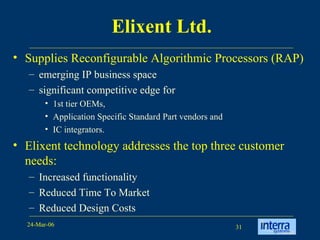 Elixent Ltd. Supplies Reconfigurable Algorithmic Processors (RAP) emerging IP business space  significant competitive edge for  1st tier OEMs,  Application Specific Standard Part vendors and  IC integrators.  Elixent technology addresses the top three customer needs: Increased functionality  Reduced Time To Market  Reduced Design Costs  