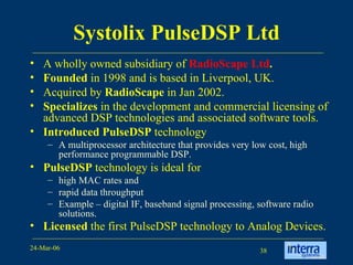 Systolix PulseDSP Ltd A wholly owned subsidiary of   RadioScape  Ltd .   Founded  in 1998 and is based in Liverpool, UK.  Acquired by  RadioScape  in Jan 2002. Specializes  in the development and commercial licensing of advanced DSP technologies and associated software tools.  Introduced PulseDSP  technology  A multiprocessor architecture that provides very low cost, high performance programmable DSP.  PulseDSP  technology is ideal for high MAC rates and  rapid data throughput  Example – digital IF, baseband signal processing, software radio solutions.  Licensed  the first PulseDSP technology to Analog Devices.   