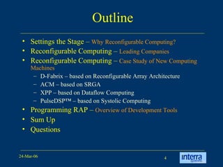Outline Settings the Stage –  Why Reconfigurable Computing? Reconfigurable Computing –  Leading Companies Reconfigurable Computing –  Case Study of New Computing Machines D-Fabrix – based on Reconfigurable Array Architecture ACM – based on SRGA XPP – based on Dataflow Computing PulseDSP™ – based on Systolic Computing Programming RAP –  Overview of Development Tools Sum Up Questions 