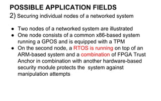 POSSIBLE APPLICATION FIELDS
2) Securing individual nodes of a networked system
● Two nodes of a networked system are illustrated
● One node consists of a common x86-based system
running a GPOS and is equipped with a TPM
● On the second node, a RTOS is running on top of an
ARM-based system and a combination of FPGA Trust
Anchor in combination with another hardware-based
security module protects the system against
manipulation attempts
 