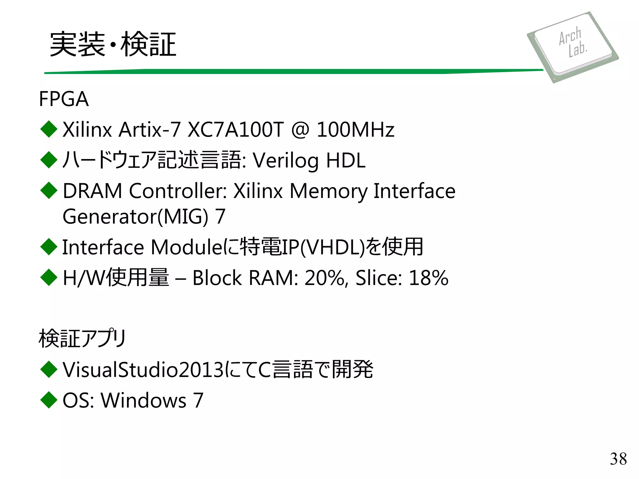 実装・検証
FPGA
Xilinx Artix-7 XC7A100T @ 100MHz
ハードウェア記述言語: Verilog HDL
DRAM Controller: Xilinx Memory Interface
Generator(MIG) 7
Interface Moduleに特電IP(VHDL)を使用
H/W使用量 – Block RAM: 20%, Slice: 18%
検証アプリ
VisualStudio2013にてC言語で開発
OS: Windows 7
38
 