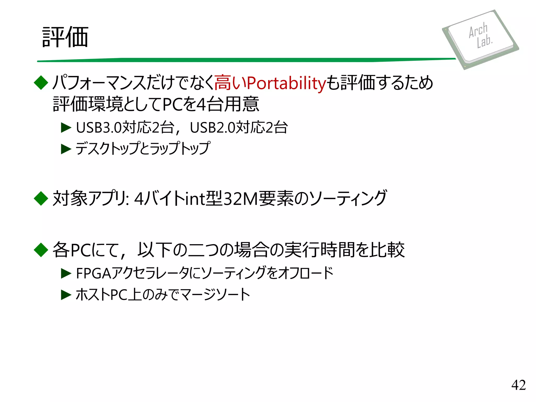 評価
パフォーマンスだけでなく高いPortabilityも評価するため
評価環境としてPCを4台用意
►USB3.0対応2台，USB2.0対応2台
►デスクトップとラップトップ
対象アプリ: 4バイトint型32M要素のソーティング
各PCにて，以下の二つの場合の実行時間を比較
►FPGAアクセラレータにソーティングをオフロード
►ホストPC上のみでマージソート
42
 