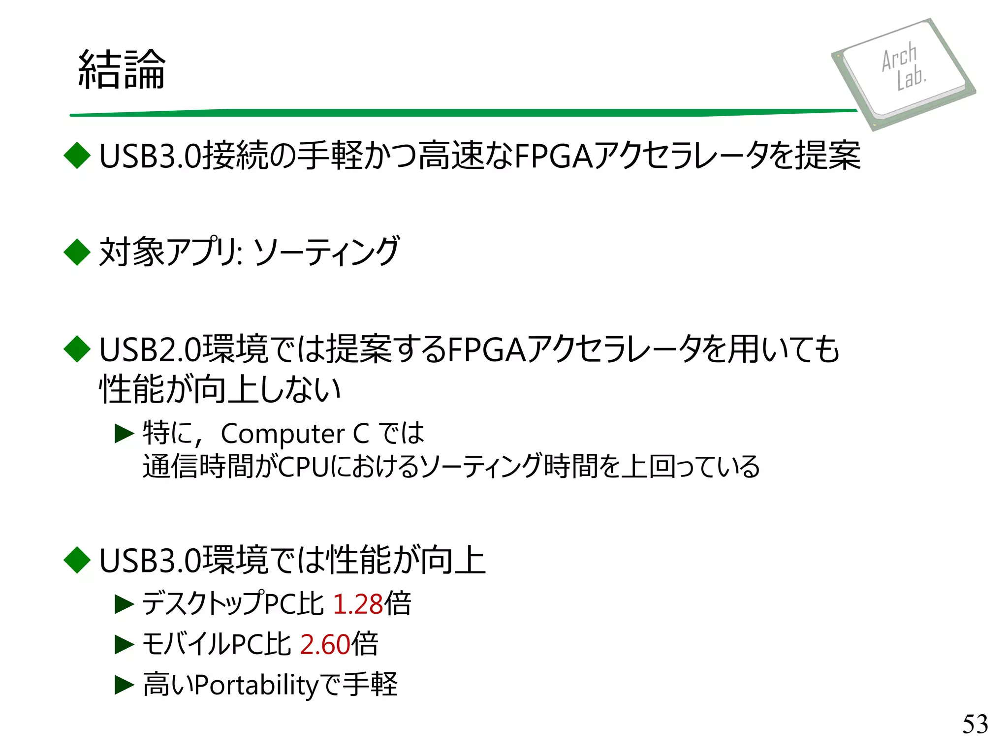 結論
USB3.0接続の手軽かつ高速なFPGAアクセラレータを提案
対象アプリ: ソーティング
USB2.0環境では提案するFPGAアクセラレータを用いても
性能が向上しない
►特に，Computer C では
通信時間がCPUにおけるソーティング時間を上回っている
USB3.0環境では性能が向上
►デスクトップPC比 1.28倍
►モバイルPC比 2.60倍
►高いPortabilityで手軽
53
 
