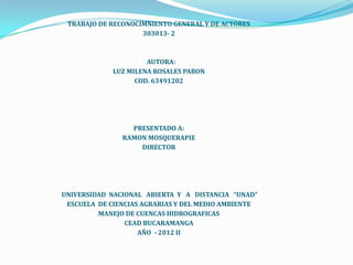 TRABAJO DE RECONOCIMNIENTO GENERAL Y DE ACTORES
                    303013- 2



                      AUTORA:
             LUZ MILENA ROSALES PABON
                   COD. 63491202




                 PRESENTADO A:
               RAMON MOSQUERAPIE
                   DIRECTOR




UNIVERSIDAD NACIONAL ABIERTA Y A DISTANCIA “UNAD”
 ESCUELA DE CIENCIAS AGRARIAS Y DEL MEDIO AMBIENTE
         MANEJO DE CUENCAS HIDROGRAFICAS
                CEAD BUCARAMANGA
                    AÑO - 2012 II
 